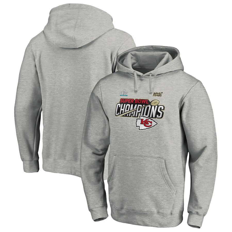 Men Kansas City Chiefs NFL Pro Line by Fanatics Branded Super Bowl LIV Champions Trophy Collection Locker Room Pullover Hoodie Heather Gray->kansas city chiefs->NFL Jersey